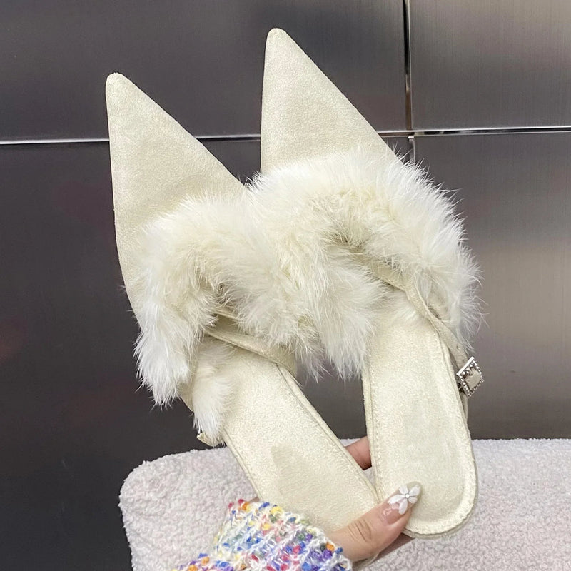 Thin High Heels Pointed Toe Buckle Strap Punps Design Style Corduroy Banquet Prom Sandals Shoes