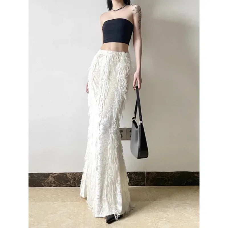 Korean High Waist Color Allmatch Midlength Skirt Winter New Tassel Stitching Aline Skirt