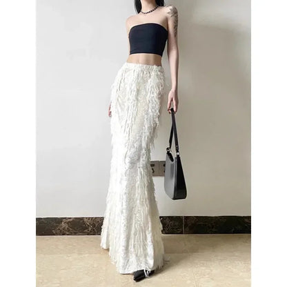 Korean High Waist Color Allmatch Midlength Skirt Winter New Tassel Stitching Aline Skirt