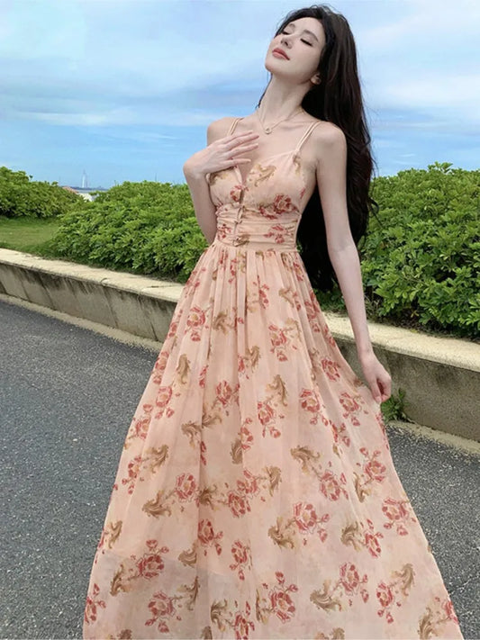 Summer New Spaghetti Strap Long Dresses for Backless A-line Beach Style Korean Party Dress Vestidos