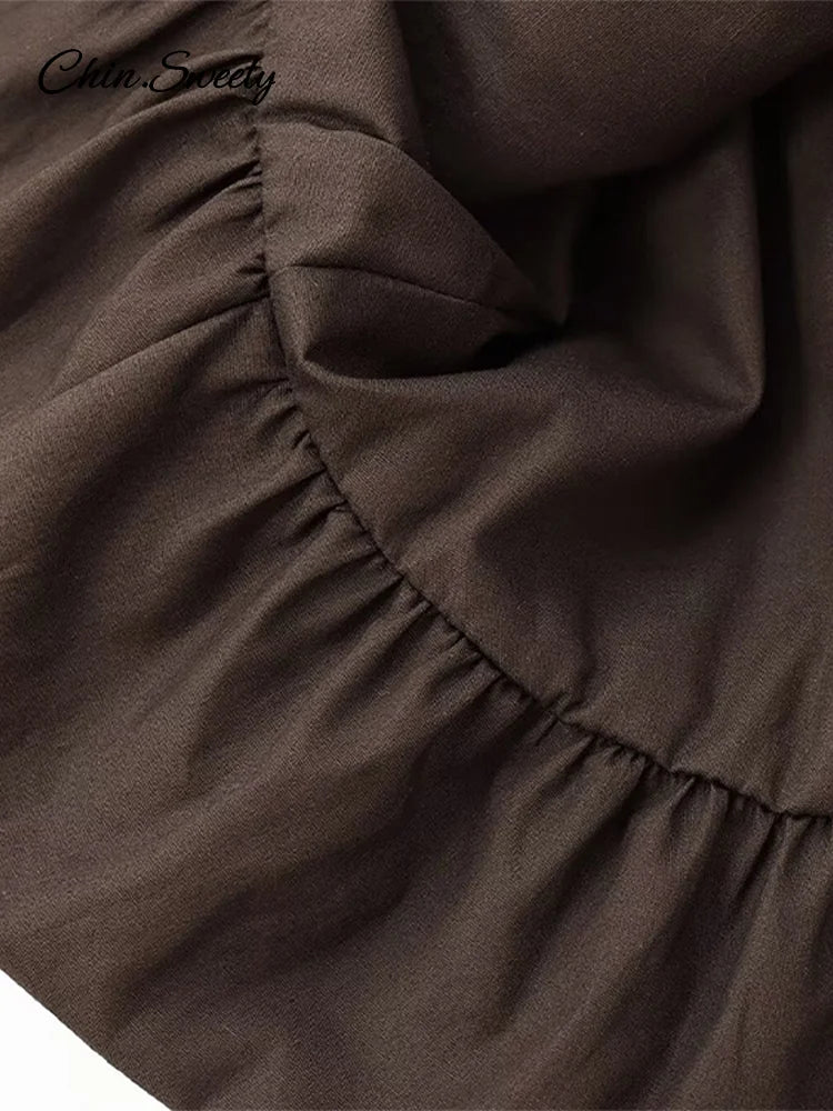Knitted Patchwork Brown A-line Dress O-neck Short Sleeves Pleated Ruffles Mini Dresses Lady Vestidos