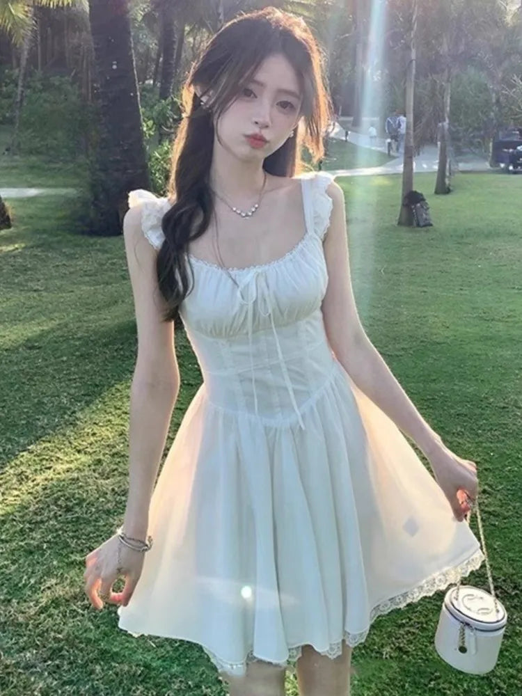 Sweet White Mini Dress Square Collar Sleeveless Laceup Birthday Party Dresses Summer Aline Short Vestidos