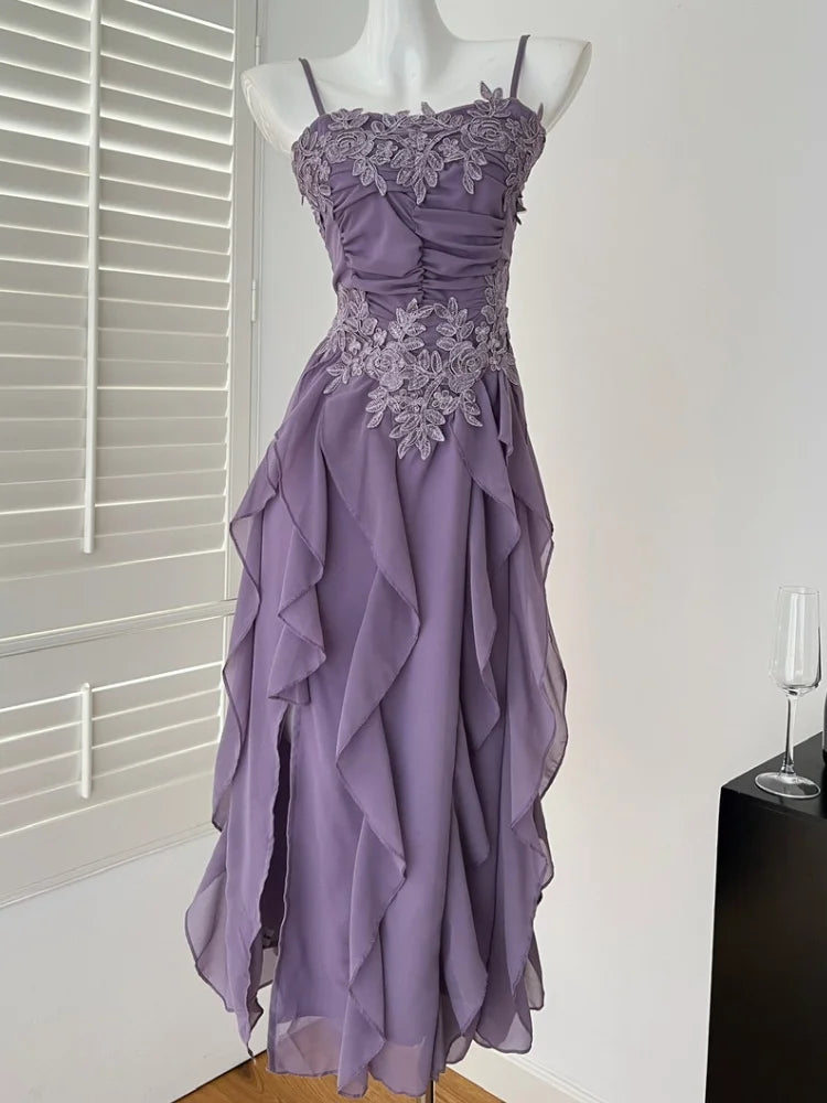 Korean Sweet Fairycore Long Dresses for Spaghetti Strap Ruffles Princess Party Dress Summer Slim Waist Vestidos