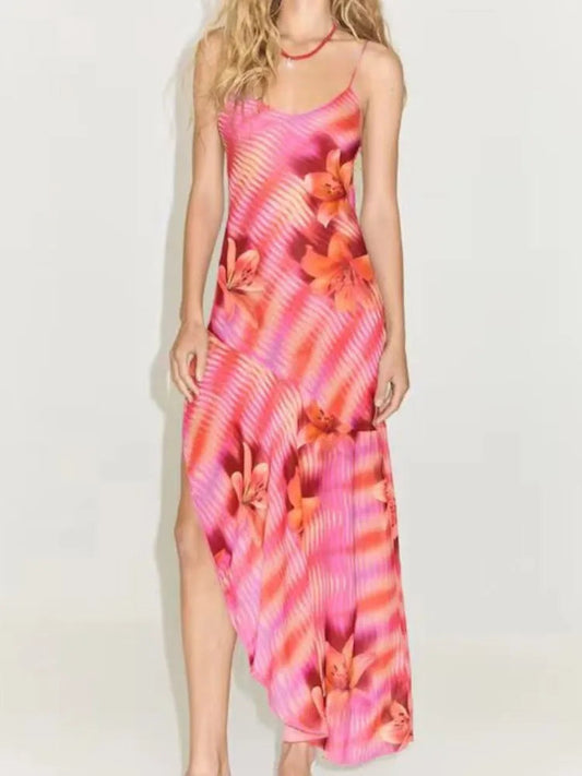 Flower Printed V Neck Beach Midi Dress