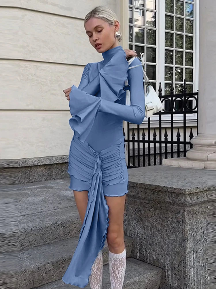 Autumn New Flare Sleeve Bodycon Dress for Edible Tree Fungus Irregular Splice Gown Mini Dresses Color