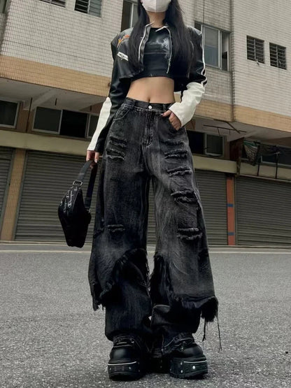 Washed Do Old Ripped Jeans Hip Hop Retro Oversize Spliced Straight Denim Pants Y2k Causal Mujer Bottoms