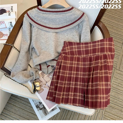 Sweet Hot Girl College Style Suit Autumn Vneck Loose Longsleeved Sweater Plaid Skirt Twopiece Set Female Clothes
