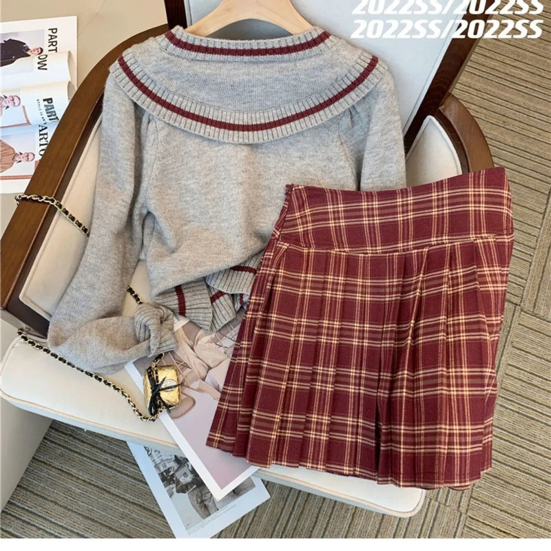 Sweet Hot Girl College Style Suit Autumn Vneck Loose Longsleeved Sweater Plaid Skirt Twopiece Set Female Clothes