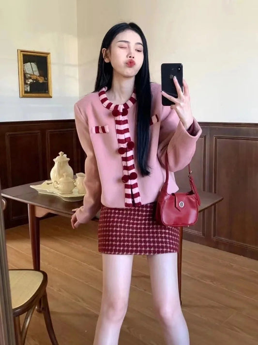 Sweet Hot Girl Suit Winter Woolen Longsleeved Cardigan Plaid Wrap Hip Skirt Twopiece Set Female Clothes