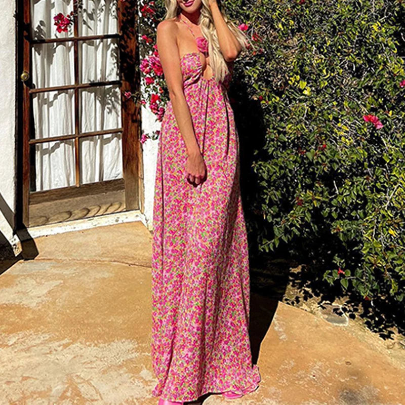 Cross Halter Rose Design Maxi Dress Spring Print Long Party Dress Summer Backless Hollow Holidays Dresses