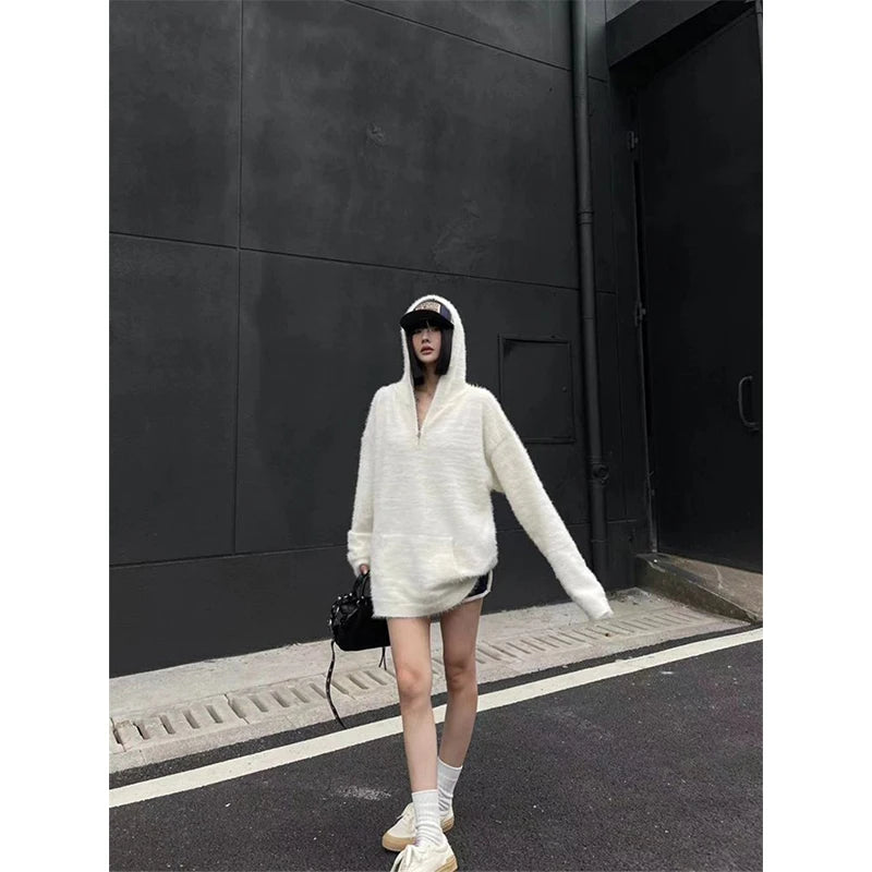 Mohair Hooded Sweater Oversized White Knitted Pullovers Korean Long Sleeve Knitwear Winter Zipper Jumpers