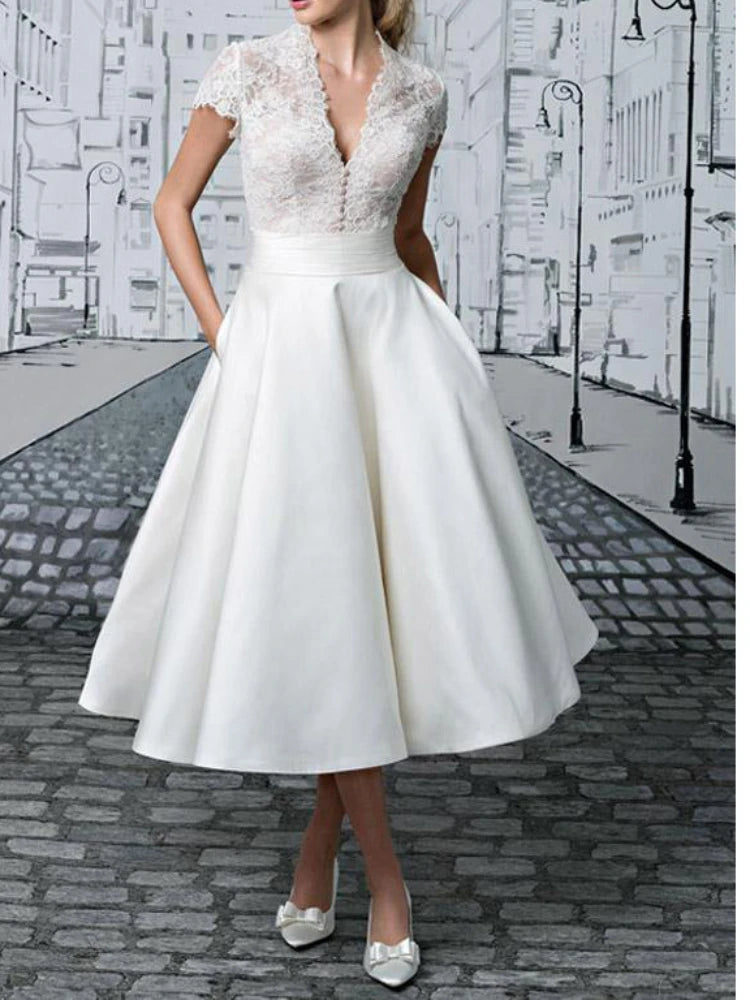 Summer New American Temperament White Lace Dress Stitching Vneck Shortsleeved Party Dresses