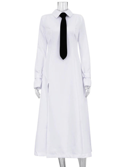 Side Slit Long Dress for White Turn Collar Tie Midi Dresses Femme New Street Loose Slender Dress Woman