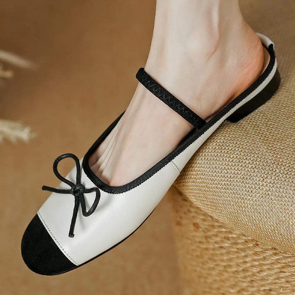 Genuine Leather Mix Color Pathcwork Round Toe Slipon Flats Summer Mules Leisure Soft Comfortable Shoes