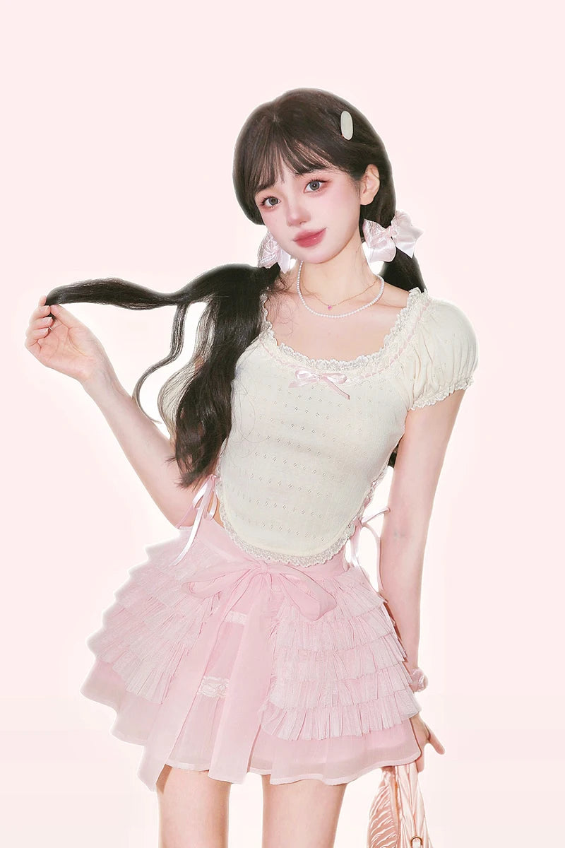 Sweet Lace Shirts Korean Pure Color Kawaii Blouse Female Summer Short Sleeve Crop Top Slim T2255