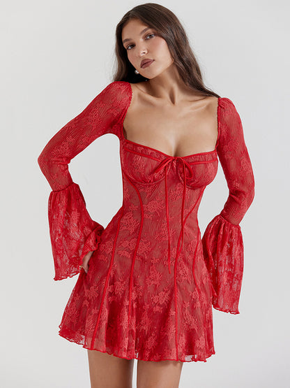 Backless Long Flare Sleeve Print Mini Dress Square Collar A-line Pleated Club Party Dress