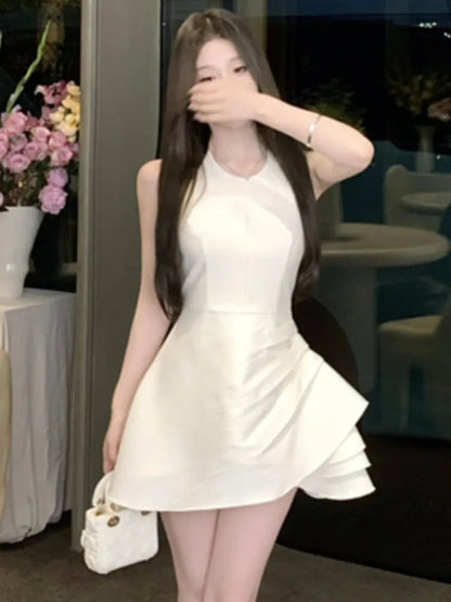 Halter Irregular Jumpsuit Dresses Sweet White Backless Birthday Party Mini Dress Female Pleated Aline Short Vestidos