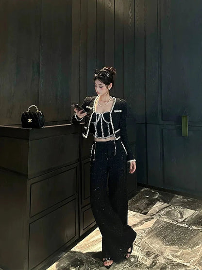 Sweet Hot Girl Retro Suit Autumn/winter Strapless Top Longsleeved Coat Hip Wrap Skirt Threepiece Set Female Clothes