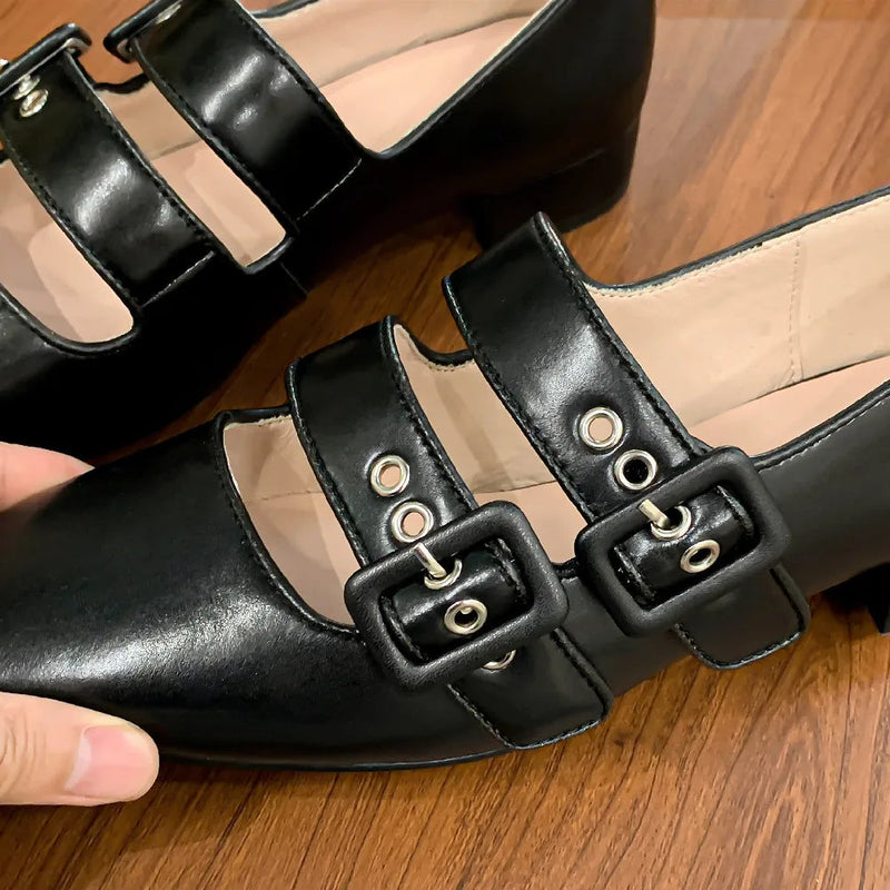 Genuine Leather Double Metal Buckle Slipon Mary Jane Flats Sqaure Toe Female Soft Comfortable Ballerinas Shoes