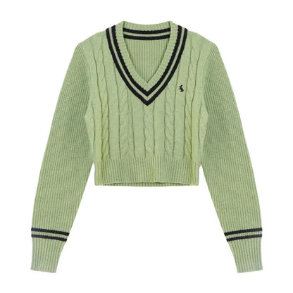 Korean Sweaters Autumn V-neck Y2k Cartoon Embroidery Knitted Tops Winter Soft Basic Long Sleeve Pullovers