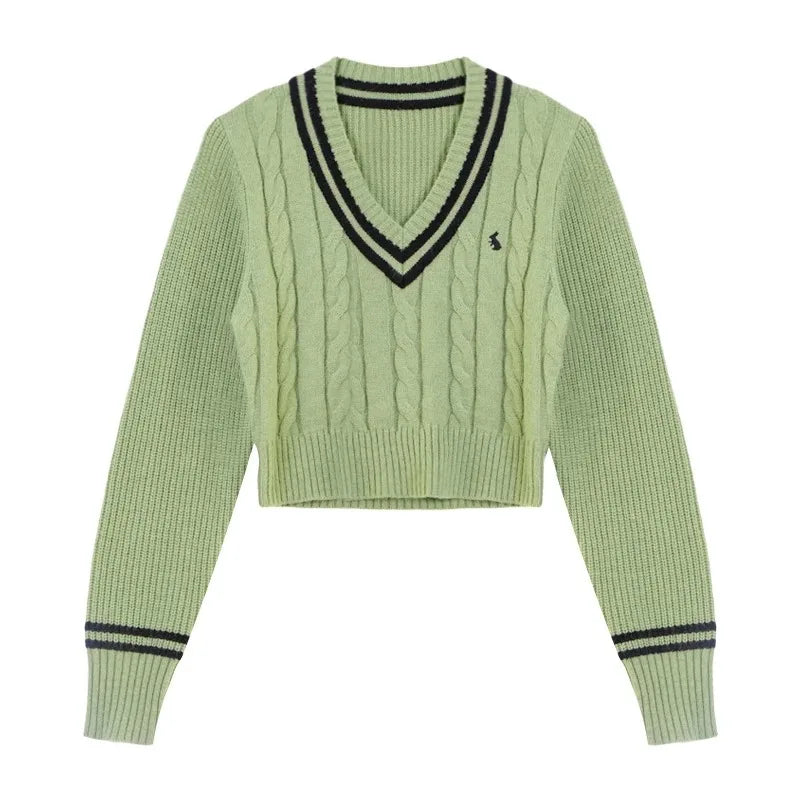 Korean Sweaters Autumn V-neck Y2k Cartoon Embroidery Knitted Tops Winter Soft Basic Long Sleeve Pullovers