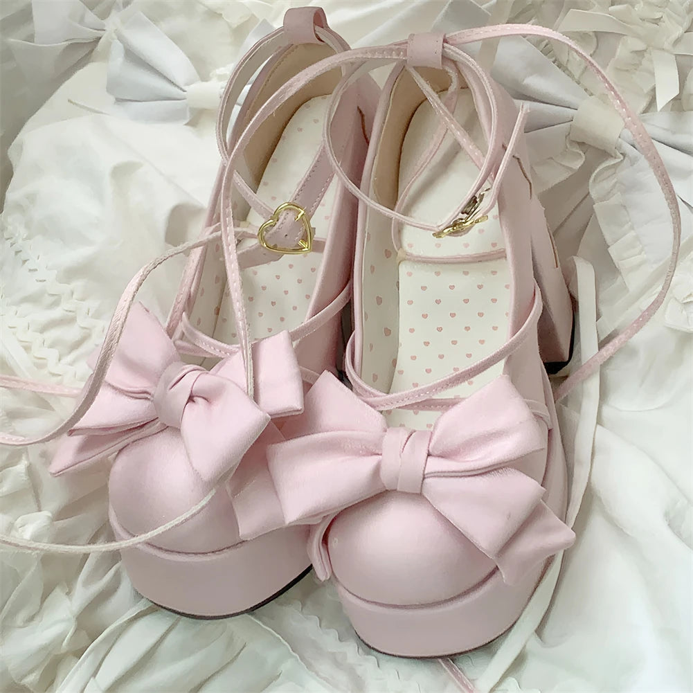 Lolita Bow Bow Decor Pumps Platform Chunky High Heels Ankle Strap Sweet Pumps for Girl Shoes