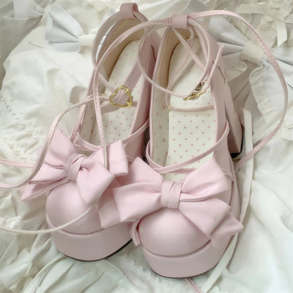 Lolita Bow Bow Decor Pumps Platform Chunky High Heels Ankle Strap Sweet Pumps for Girl Shoes