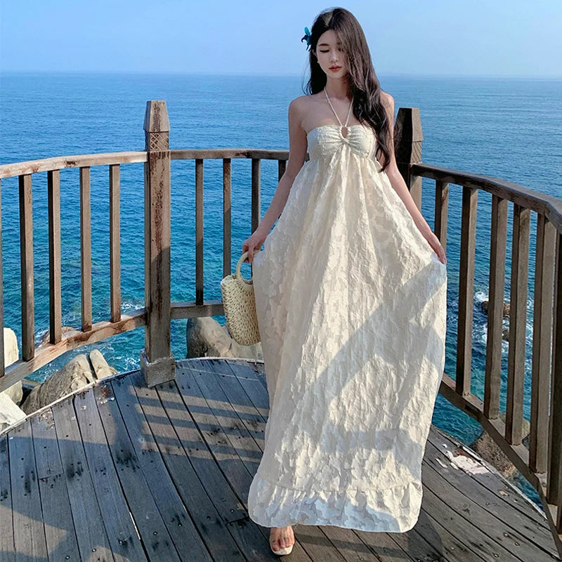 Summer Vestidos Beige Beach Holiday Backless Birthday Party Long Dress Club Halter Bandage Pleated Dress