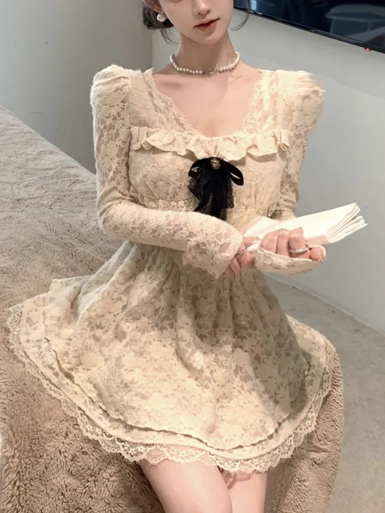 Korean Sweet Lace Dress for Bow Long Sleeves Birthday Party Mini Dresses Spring Female Aline Short Vestidos Mujer