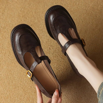 Sheepskin Chunky Heel Round Toe Tstrap Slipon Pumps British Style Retro Female Med Heeled Shoes for Autumn