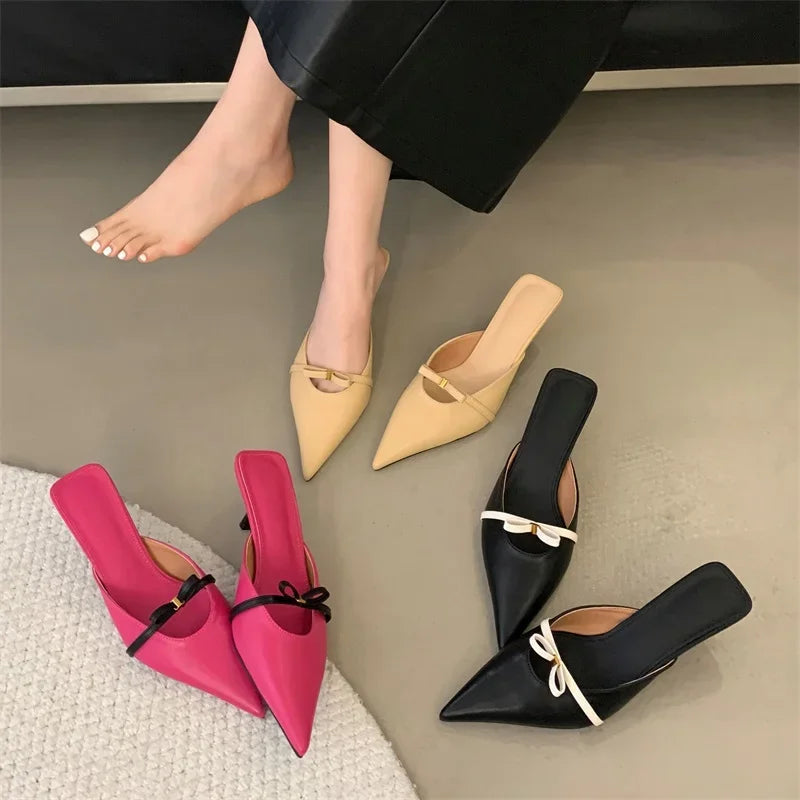 Spring Design Style Butterflyknot Woman Slippers Low Thin Heels Pointed Toe Shallow Mules Shoes