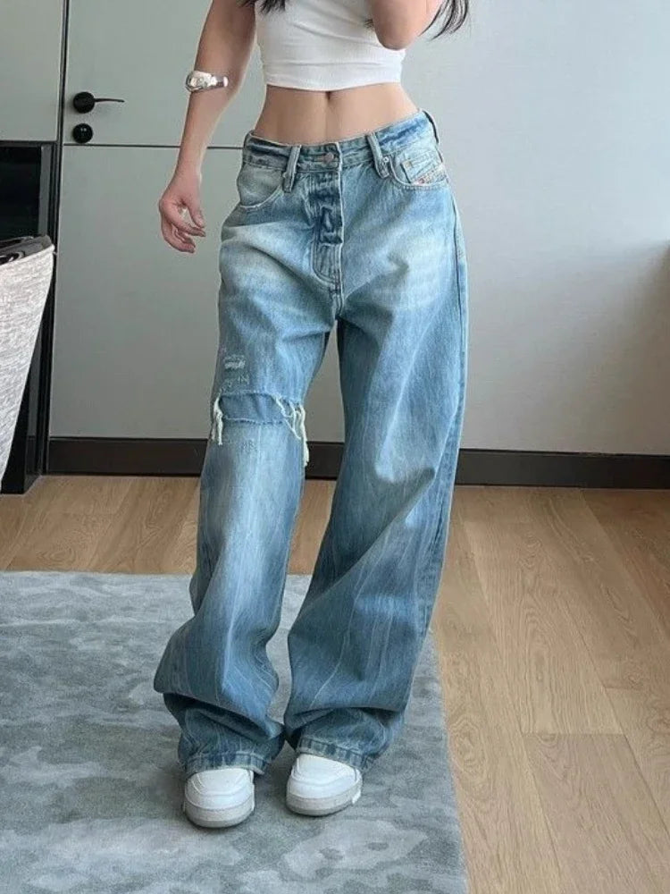 Ripped Jeans for Hip Hop Loose High Waist Korean Wide Leg Denim Pants Y2k Causal Mujer Trousers