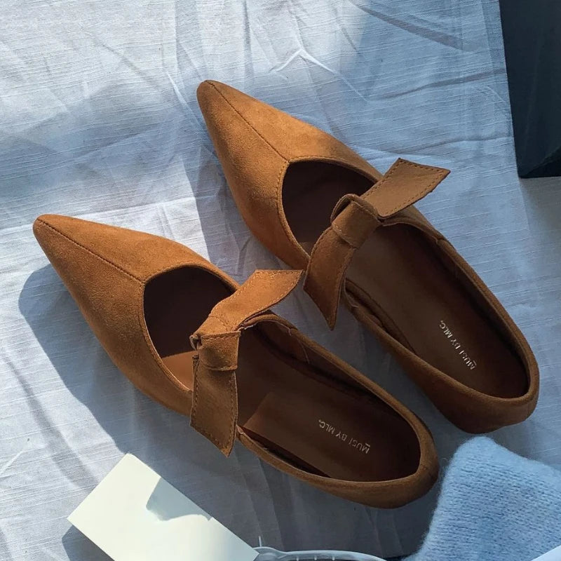 Satin Pointed Toe Mary Jane Bow Knitted Flats Shallow Comfortable Chunky Heel Shoes Design Ballet Shoes