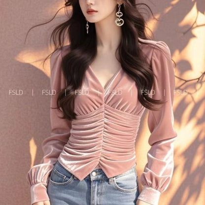 Velvet Long Sleeve T Shirt V Neck Lady Tee Youth Top Basic Blouse New