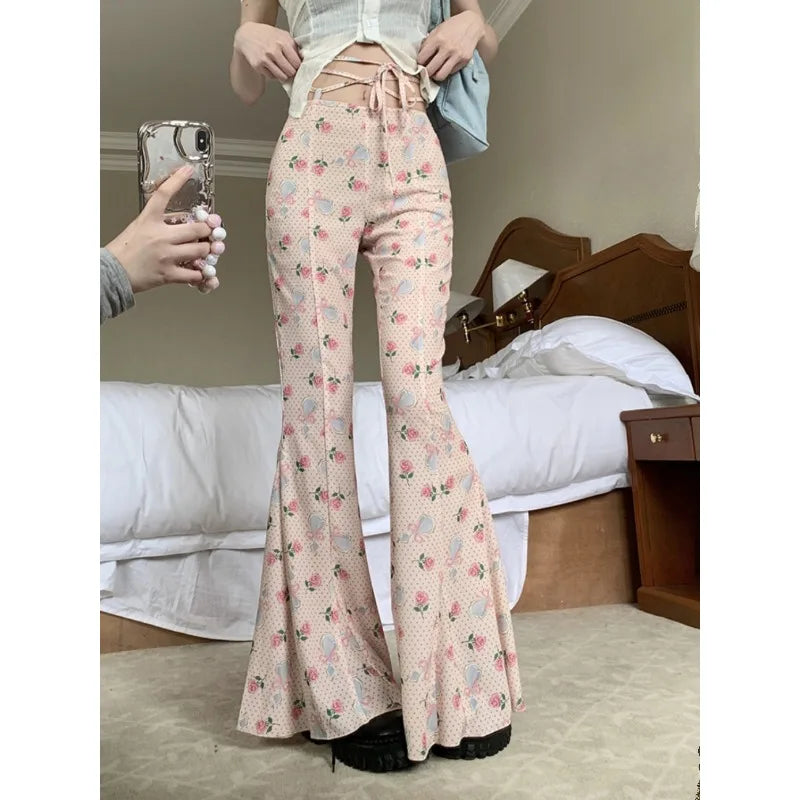 Summer Korean Retro High Street Print Laceup Waist Trousers Flare Pants