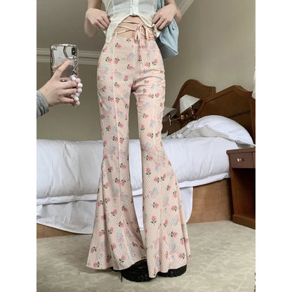 Summer Korean Retro High Street Print Laceup Waist Trousers Flare Pants