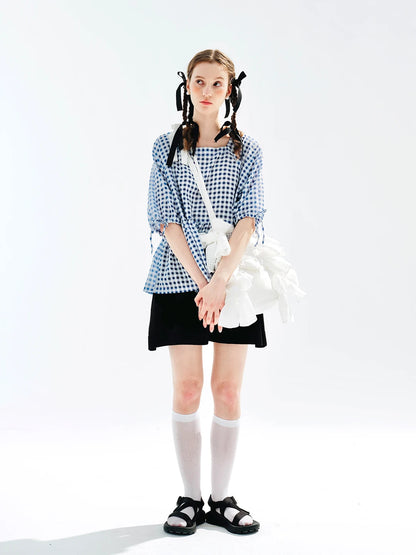 Plaid Lace-up Short Sleeve T-shirt Blouse