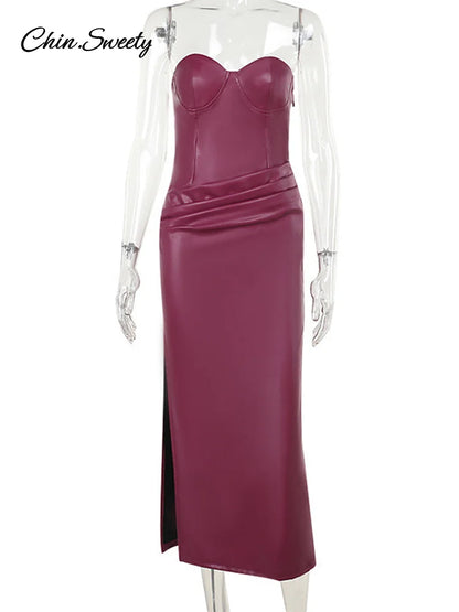 Burgundy Pu Leather Maxi Dresses Strapless Backless Bandage Sleeveless Pleated Hip Package Party Dress New Split Robe