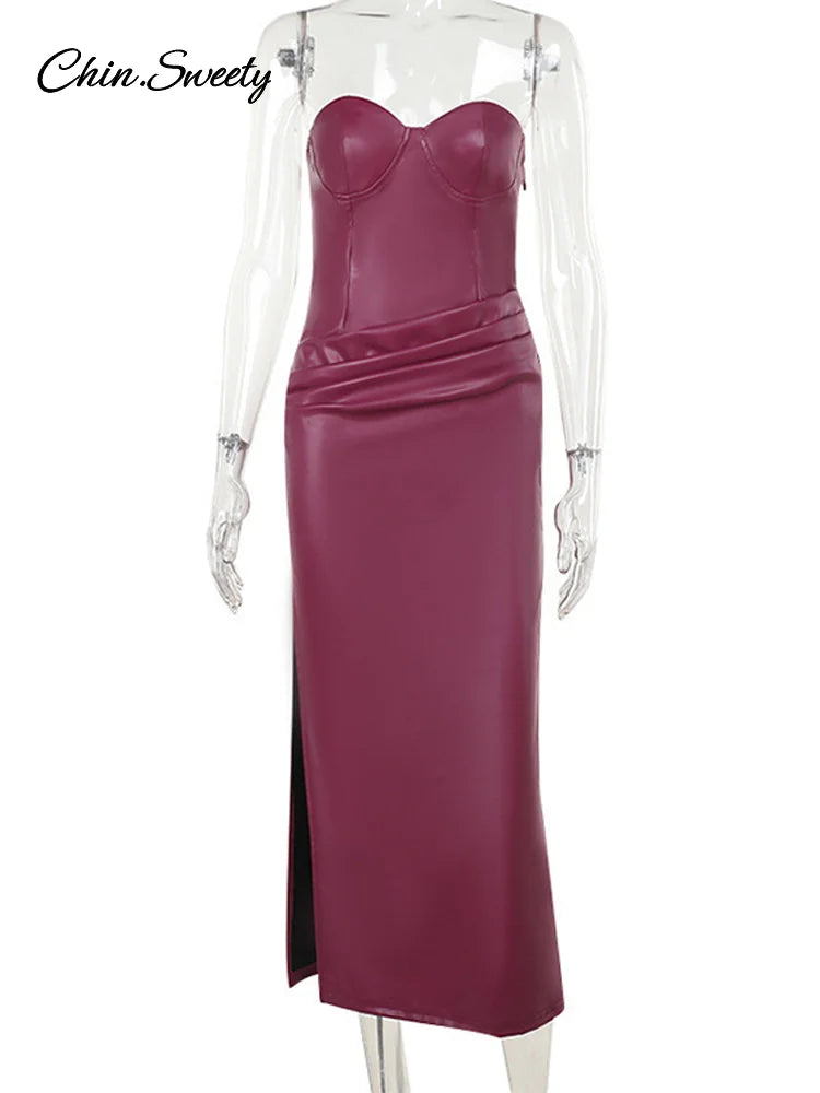 Burgundy Pu Leather Maxi Dresses Strapless Backless Bandage Sleeveless Pleated Hip Package Party Dress New Split Robe