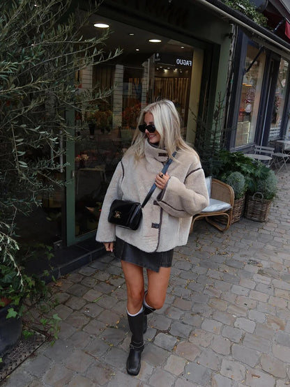 Loose Jackets Woman Spring Standup Collar Long Sleeve Thick Warm Jacket Coat New Outerwear