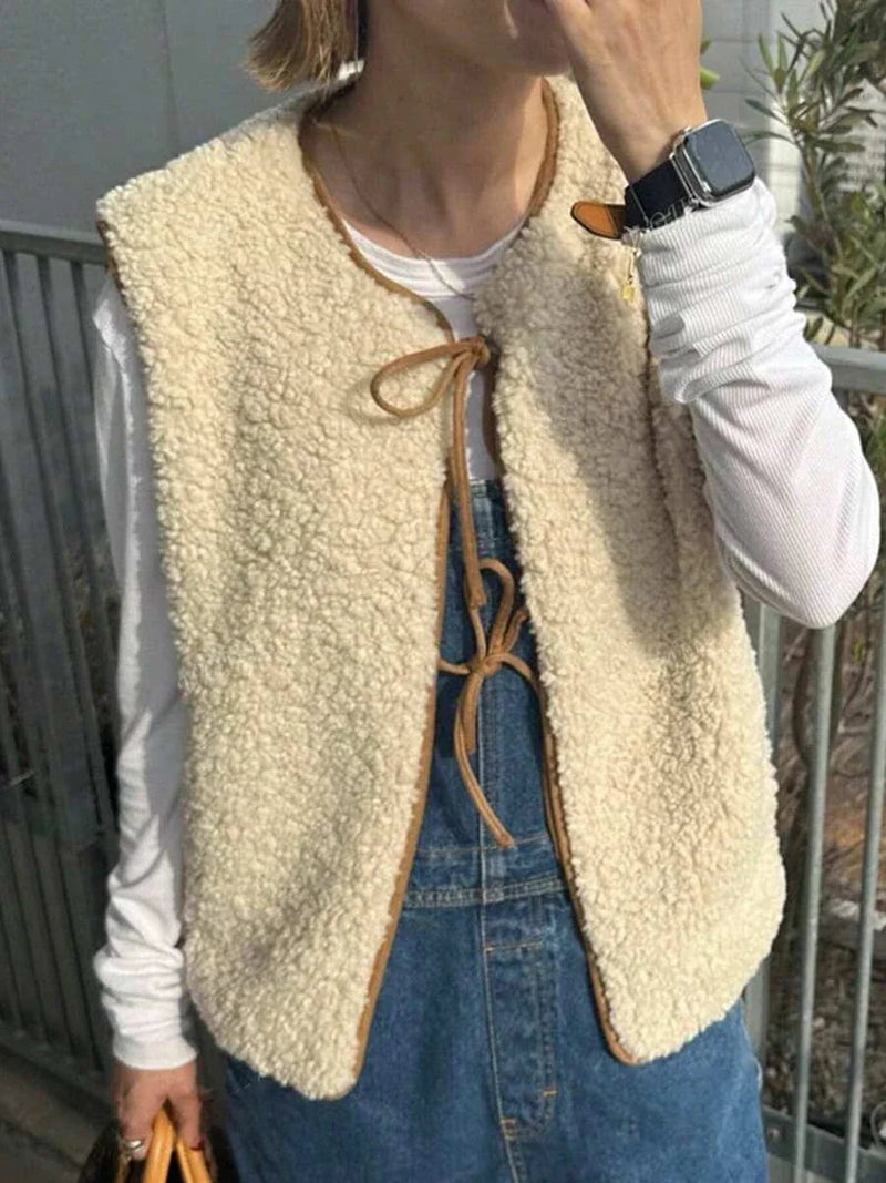 Winter New Fleece Vest Jacket Round Neck Lace-up Sleeveless Jackets Simple Waistcoat Outerwear