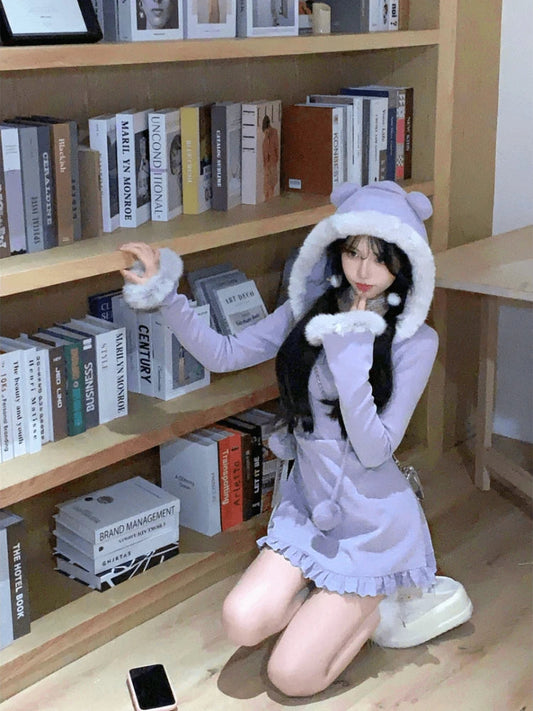 Japanese Sweet Knitted Dress Kawaii Hooded Faux Fur Mini Dress Autumn Winter Slim Evening Party Dress New