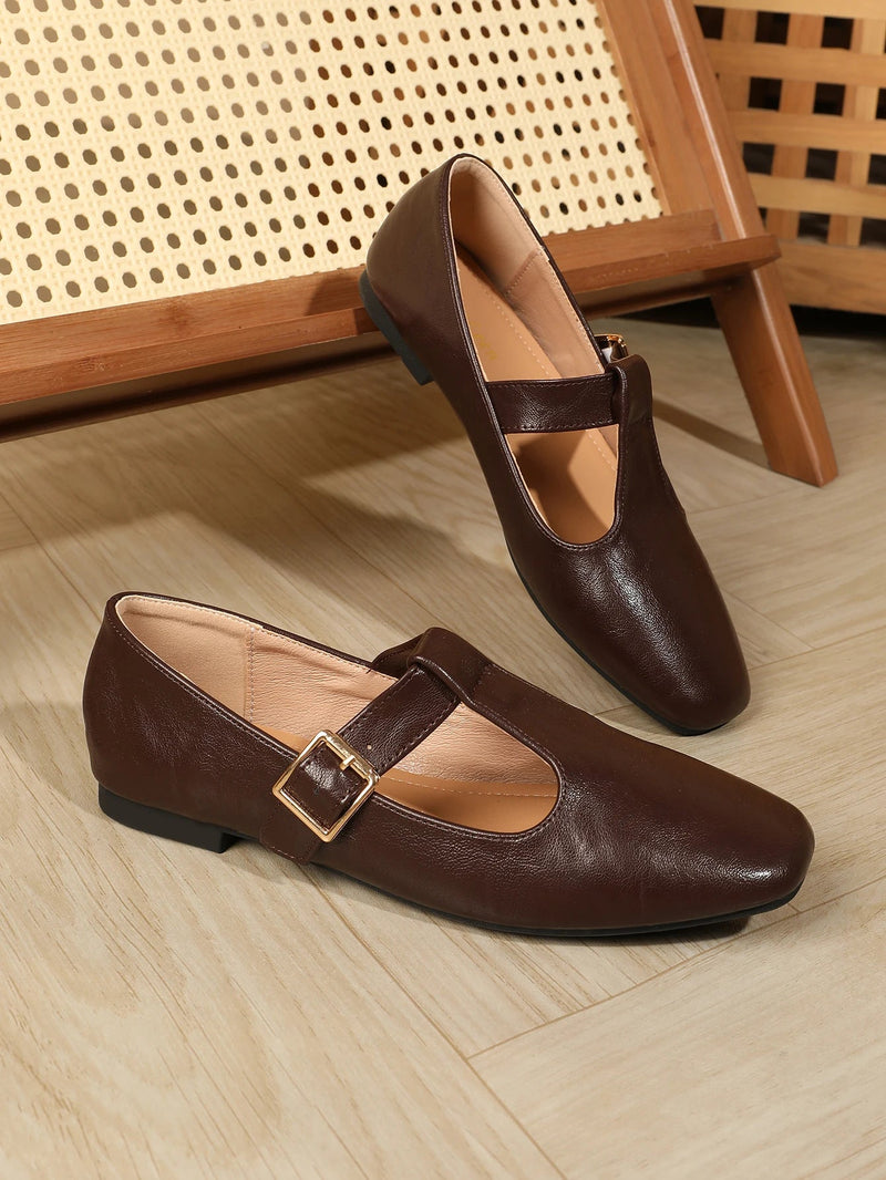 Slip on Tstrap Mary Jane Flats Comfy Round Toe Flat Shoes for Work Dressy Closed Toe Adjustable Strap Ballet Flats