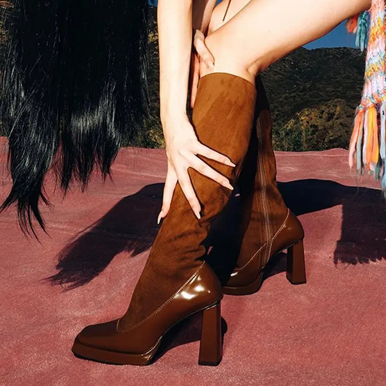 Brown Square Toe Platform Knee High Boots Patent Leather Chunky Heel Side Zip Rubber Sole Cool Shoes