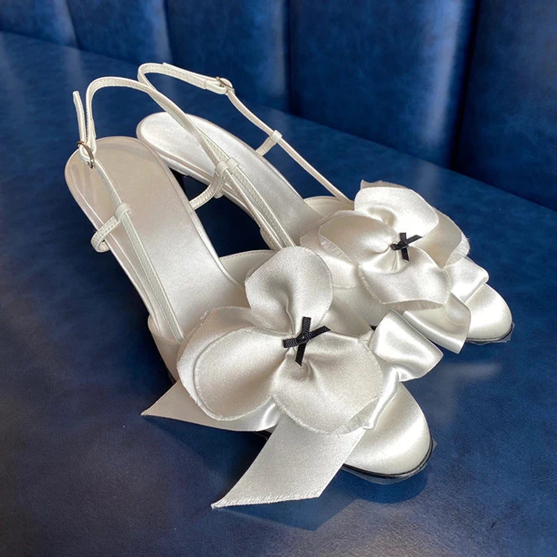 White Flower Sandals Round Toe Black Bow Detail Hollow Slingback Buckle Stiletto Heels Summer Party Dress Shoes