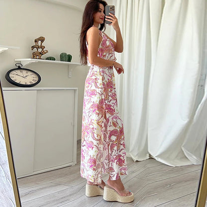 Female Off Shoulder Hollow Out Holiday Beach Dress Pattern Print High Waist Long Dress Summer Halter Loose Dress