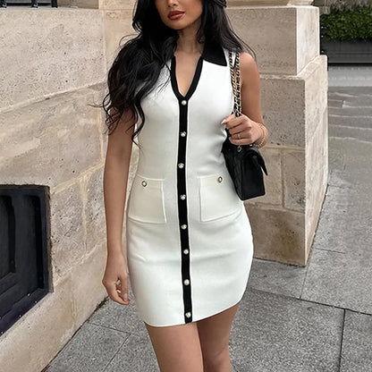 Summer New Sleeveless Knitted Mini Dress for Contrast Color Slim Dress Knitwear Single Breasted With Pocket Female