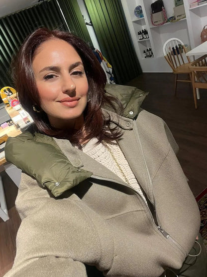 Detachable Hooded Patchwork Jacket Woman Long Sleeve Drawstring Hem Loose Coat Spring Color Simple Outerwear Top