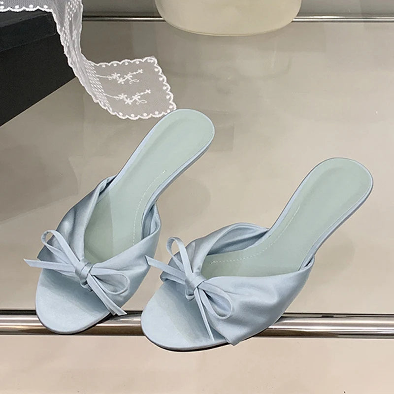 Summer Silk Butterfly Knot Slippers Sandals Shallow Open Toe Thin Low Heels Mules Slides Shoes Zapatos Mujer