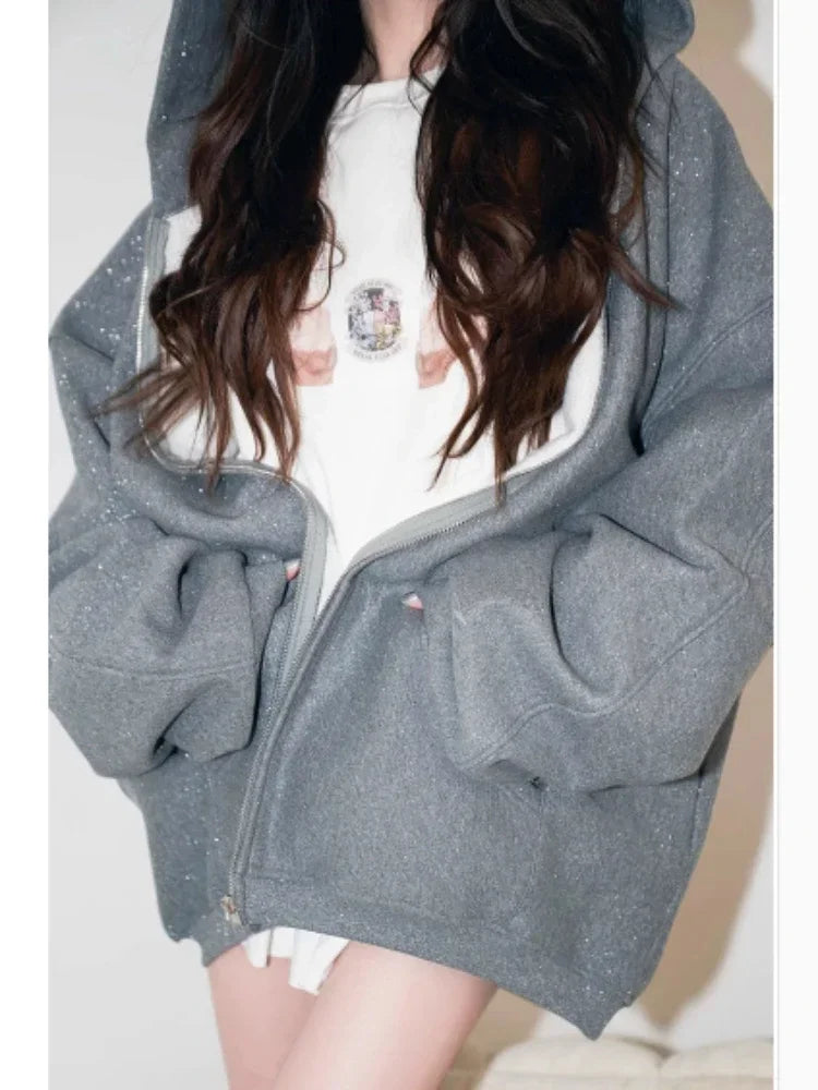 Glitter Zip Up Hoodies Long Sleeve Sweatshirt With Zipper Oversized Y2k Aesthetic Clubwear Kpop Clothes